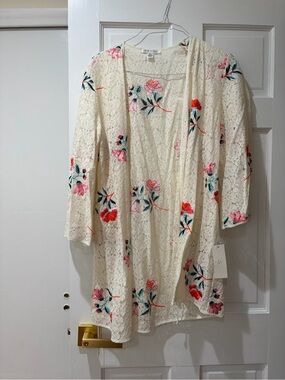 Rya Collection. Cream Lace Floral Kimono Cardigan - Pink & Teal Embroidery
